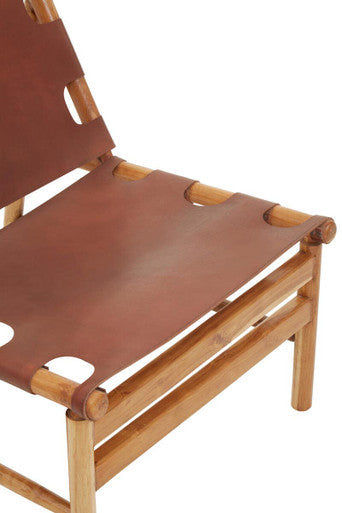 Kendari Antique Brown Leather Sling Chair with Wood Frame