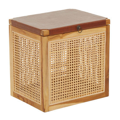 Natural Solid Teak and Rattan Storage Box Side Table with Antique Brown Leather Lid | Kendari