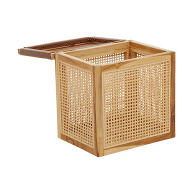 Natural Solid Teak and Rattan Storage Box Side Table with Antique Brown Leather Lid | Kendari