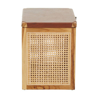 Natural Solid Teak and Rattan Storage Box Side Table with Antique Brown Leather Lid | Kendari