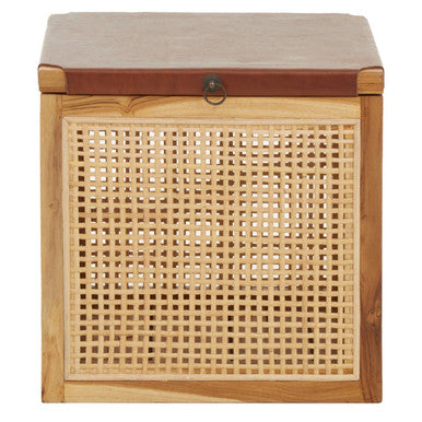 Natural Solid Teak and Rattan Storage Box Side Table with Antique Brown Leather Lid | Kendari