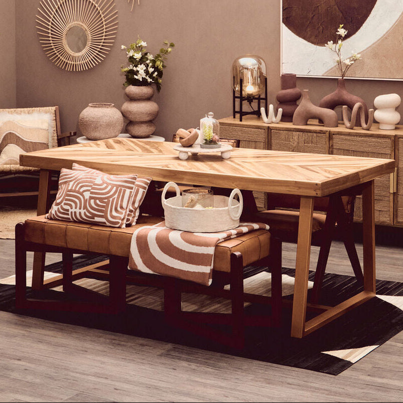 Natural Teak Wood Dining Table with Herringbone Top and Gold Finish Metal Frame, Kendari