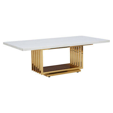Ivory White Faux Marble Top Coffee Table with Geometric Gold Finished Stainless Steel Frame, Moda