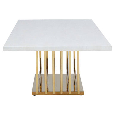 Ivory White Faux Marble Top Coffee Table with Geometric Gold Finished Stainless Steel Frame, Moda