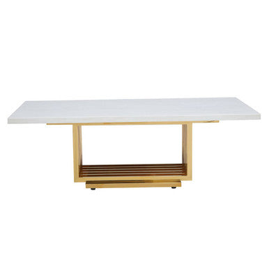 Ivory White Faux Marble Top Coffee Table with Geometric Gold Finished Stainless Steel Frame, Moda