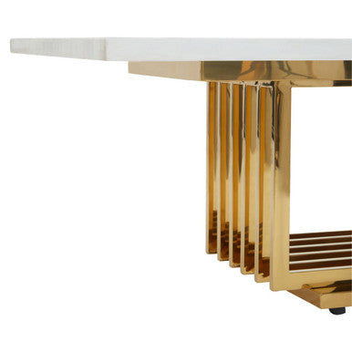 Ivory White Faux Marble Top Coffee Table with Geometric Gold Finished Stainless Steel Frame, Moda