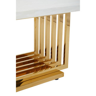 Ivory White Faux Marble Top Coffee Table with Geometric Gold Finished Stainless Steel Frame, Moda