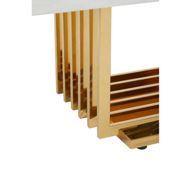 Ivory White Faux Marble Top Coffee Table with Geometric Gold Finished Stainless Steel Frame, Moda