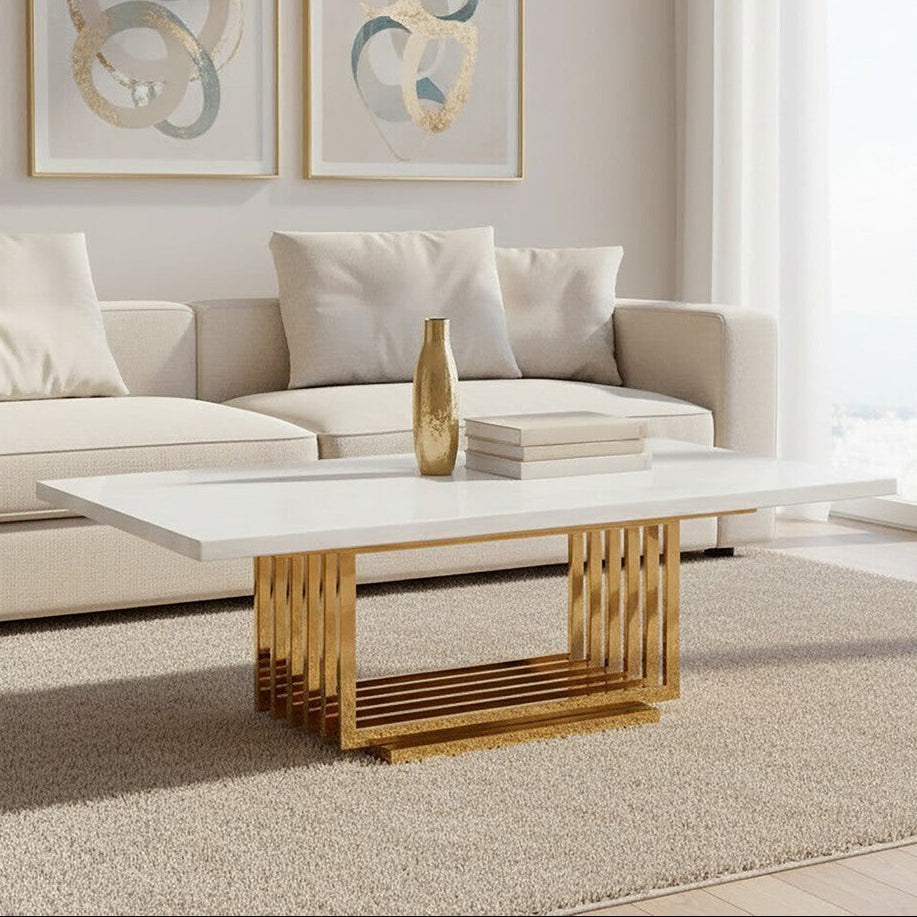 Ivory White Faux Marble Top Coffee Table with Geometric Gold Finished Stainless Steel Frame, Moda