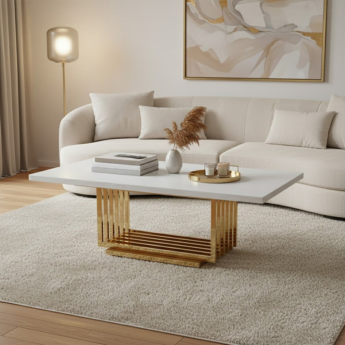 Ivory White Faux Marble Top Coffee Table with Geometric Gold Finished Stainless Steel Frame, Moda