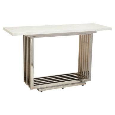 White Marble Top Console Table with Geometric Silver Stainless Steel Base, Moda