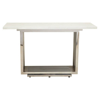 White Marble Top Console Table with Geometric Silver Stainless Steel Base, Moda