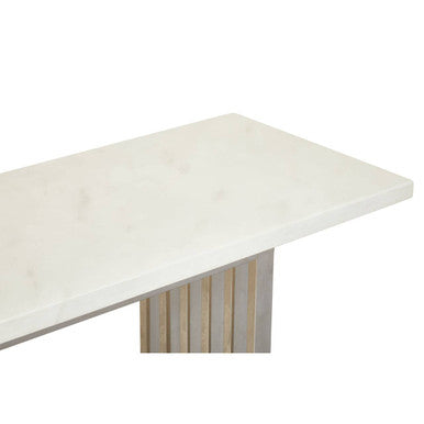 White Marble Top Console Table with Geometric Silver Stainless Steel Base, Moda