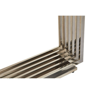 White Marble Top Console Table with Geometric Silver Stainless Steel Base, Moda