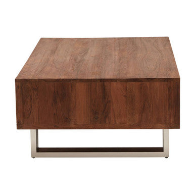 Brown Acacia Wood 1-Drawer Coffee Table with 1 Open Shelf and Stainless Steel Legs | Simla