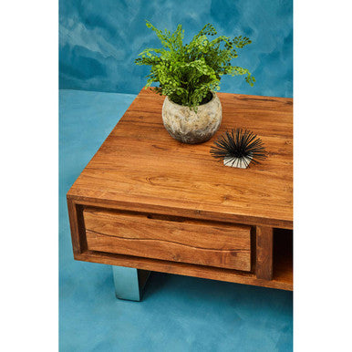 Brown Acacia Wood 1-Drawer Coffee Table with 1 Open Shelf and Stainless Steel Legs | Simla