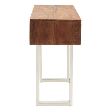 Brown Warm Toned Acacia Wood Two-Drawer Console Table with Silver Stainless Steel Legs | Simla