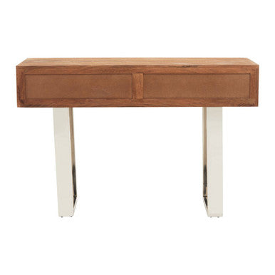 Brown Warm Toned Acacia Wood Two-Drawer Console Table with Silver Stainless Steel Legs | Simla