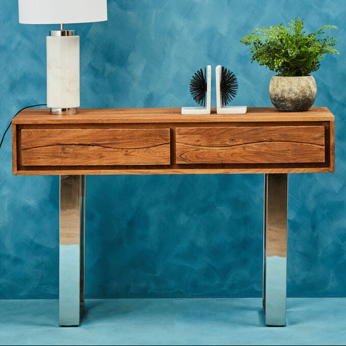 Brown Warm Toned Acacia Wood Two-Drawer Console Table with Silver Stainless Steel Legs, Simla