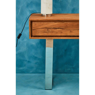 Brown Warm Toned Acacia Wood Two-Drawer Console Table with Silver Stainless Steel Legs | Simla