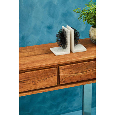 Brown Warm Toned Acacia Wood Two-Drawer Console Table with Silver Stainless Steel Legs | Simla