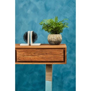Brown Warm Toned Acacia Wood Two-Drawer Console Table with Silver Stainless Steel Legs | Simla