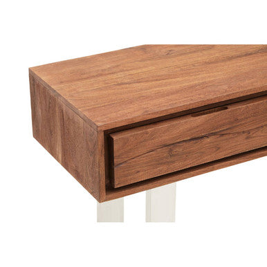 Brown Warm Toned Acacia Wood Two-Drawer Console Table with Silver Stainless Steel Legs | Simla