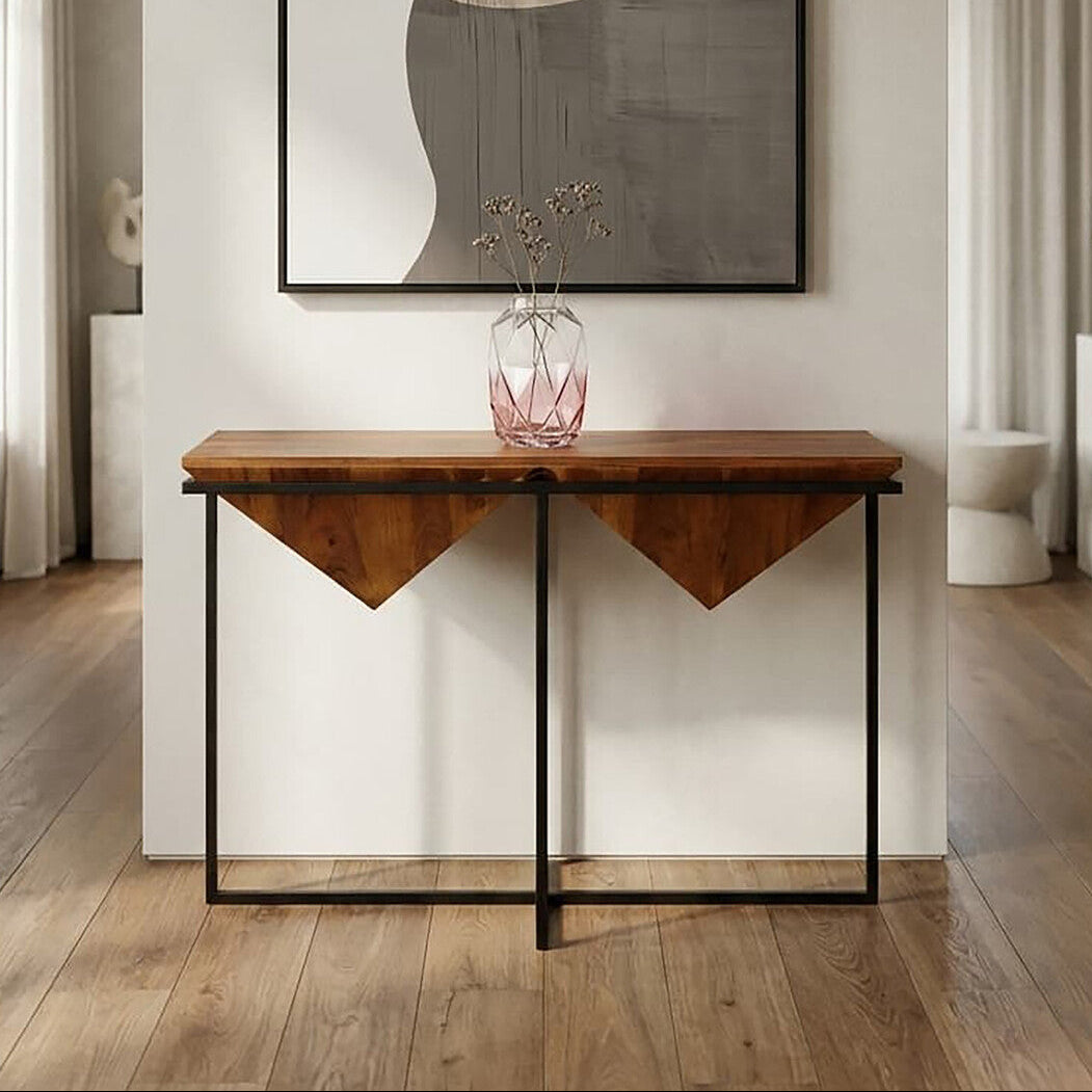 Brown Acacia Wood Pyramid Style Console Table with Black Metal Frame, Shimla