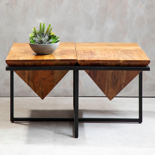 Brown Acacia Wood Pyramid Style Coffee Table with Black Metal Frame, Shimla
