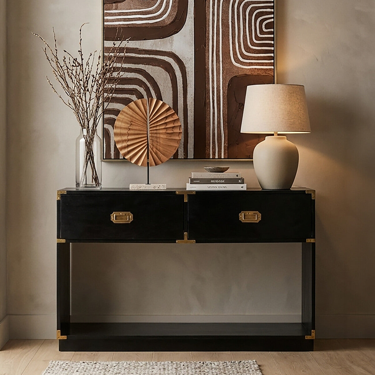 Black Mango Wood 2-Drawer Console Table with Gold-Tone Handles | Sarter