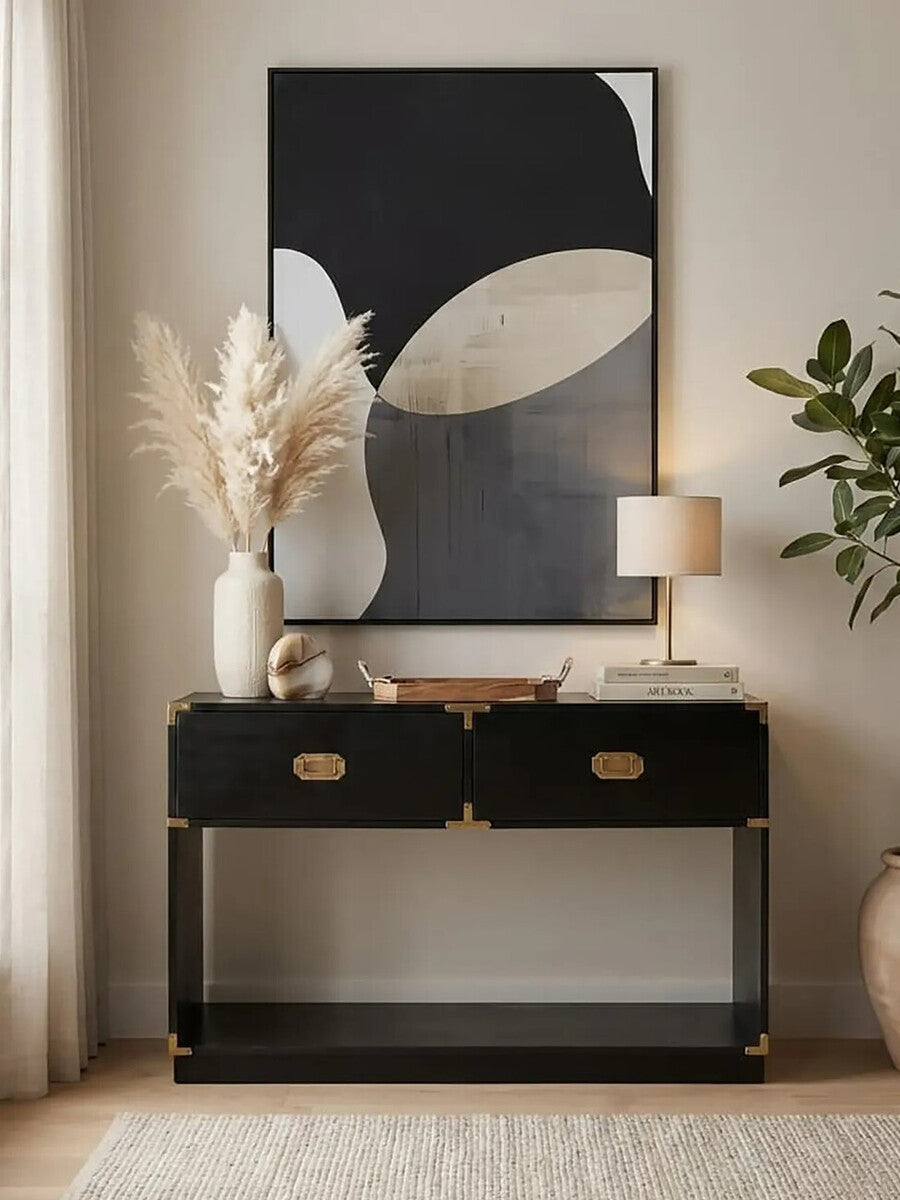 Black Mango Wood 2-Drawer Console Table with Gold-Tone Handles, Sarter