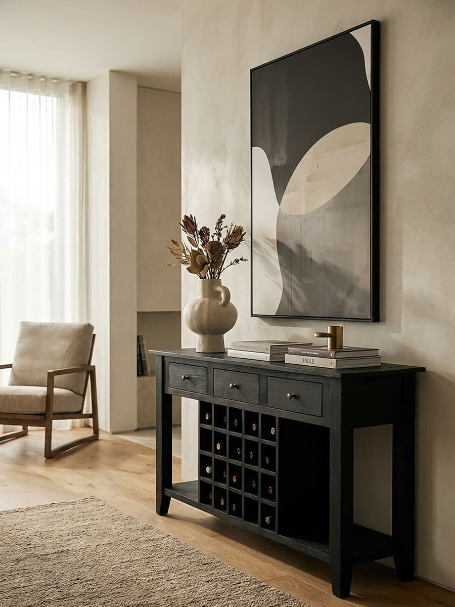 Black Mango Wood Console Table with 20-Bottle Wine Storage and 3 Drawers | Fusion