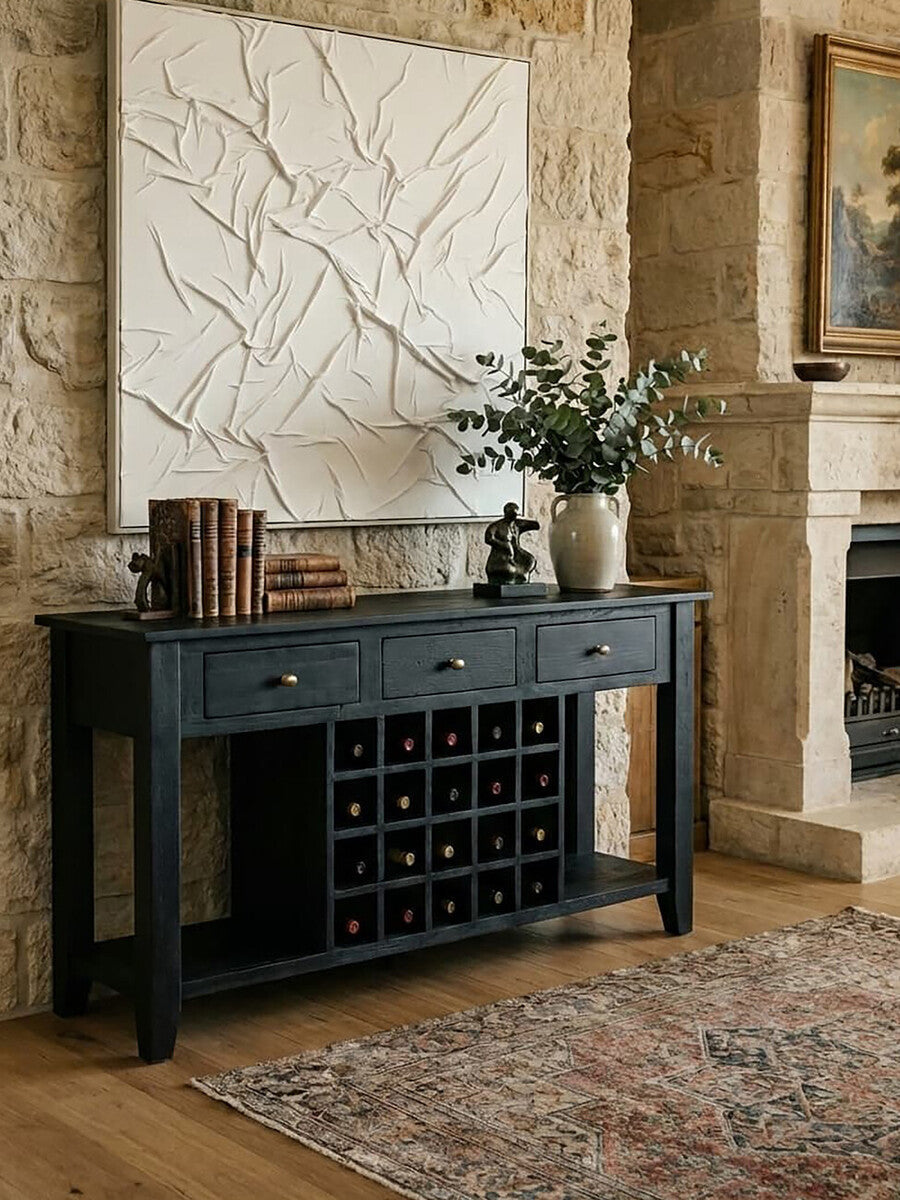 Black Mango Wood Console Table with 20-Bottle Wine Storage and 3 Drawers | Fusion