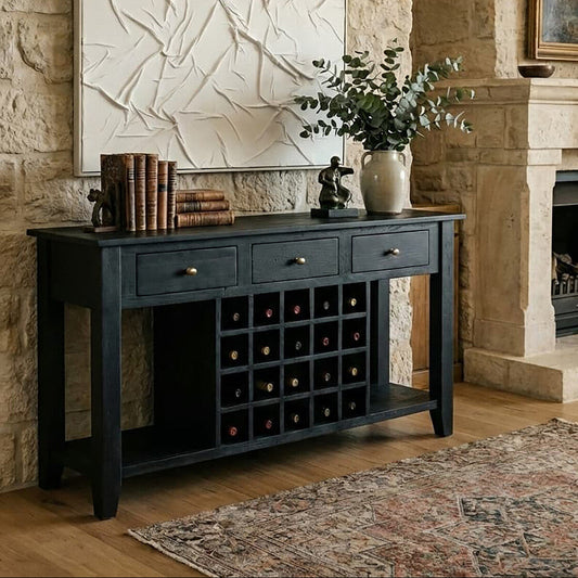 Black Mango Wood Console Table with 20-Bottle Wine Storage and 3 Drawers, Fusion