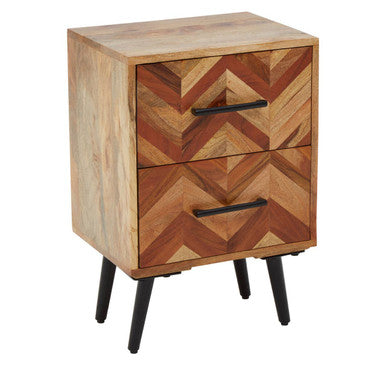 Mango Wood Two-Drawer Bedside Table with Handcrafted Chevron Front and Black Iron Legs, Boho