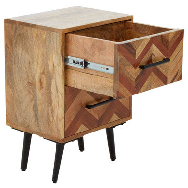 Mango Wood Two-Drawer Bedside Table with Handcrafted Chevron Front and Black Iron Legs, Boho