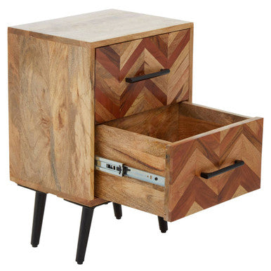 Mango Wood Two-Drawer Bedside Table with Handcrafted Chevron Front and Black Iron Legs, Boho