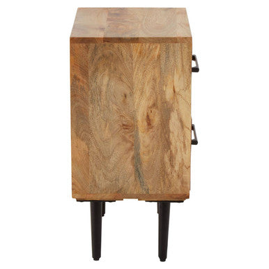 Mango Wood Two-Drawer Bedside Table with Handcrafted Chevron Front and Black Iron Legs, Boho