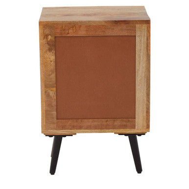 Mango Wood Two-Drawer Bedside Table with Handcrafted Chevron Front and Black Iron Legs, Boho