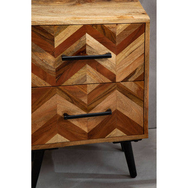 Mango Wood Two-Drawer Bedside Table with Handcrafted Chevron Front and Black Iron Legs, Boho