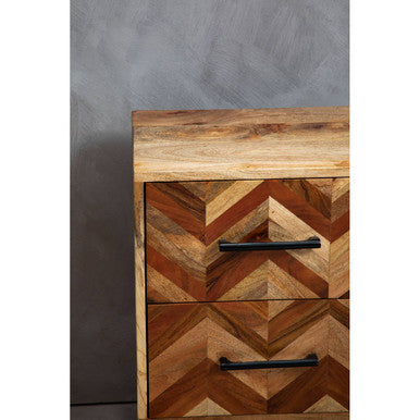 Mango Wood Two-Drawer Bedside Table with Handcrafted Chevron Front and Black Iron Legs, Boho