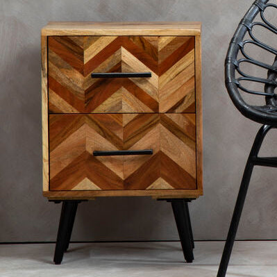Mango Wood Two-Drawer Bedside Table with Handcrafted Chevron Front and Black Iron Legs, Boho