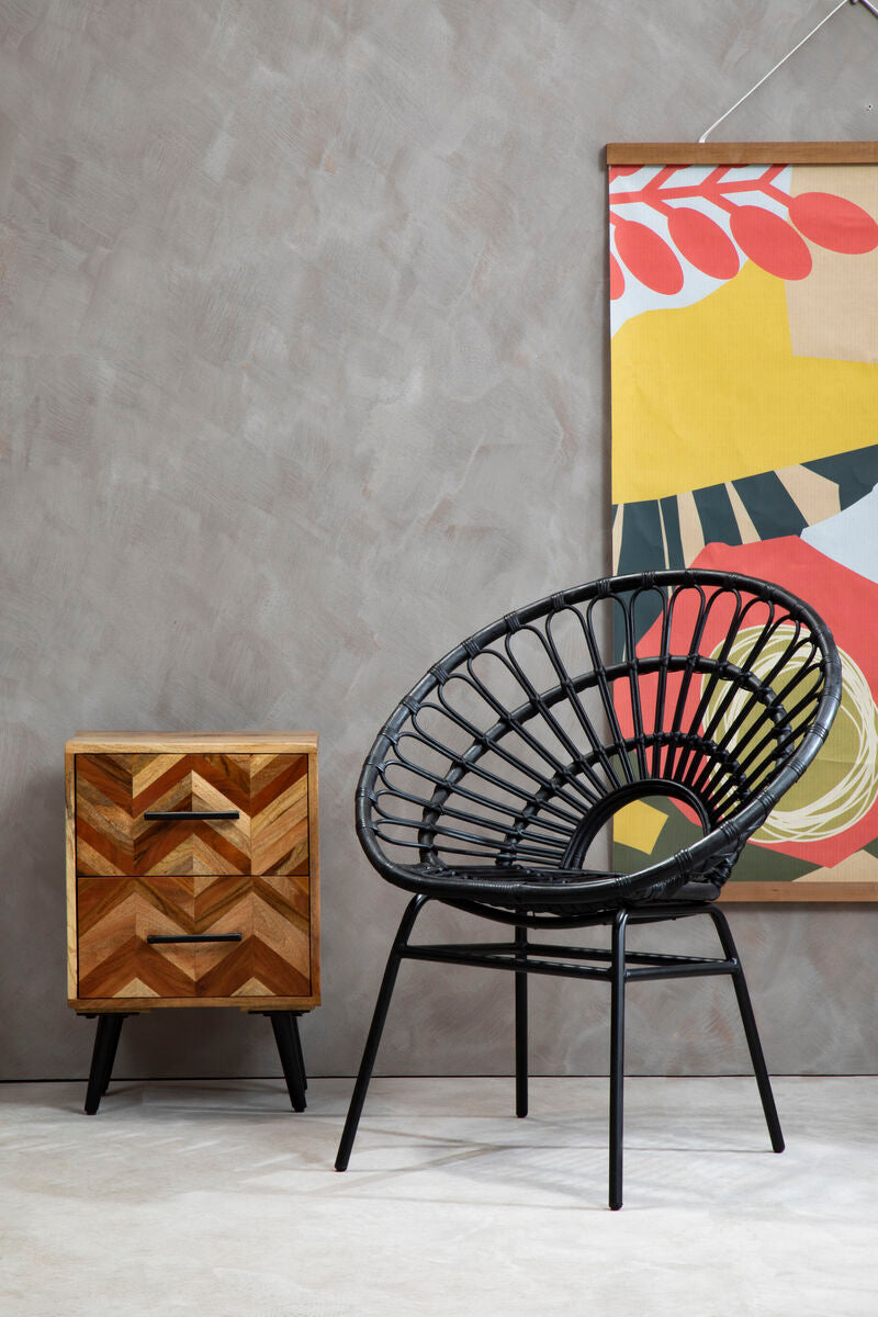 Mango Wood Two-Drawer Bedside Table with Handcrafted Chevron Front and Black Iron Legs, Boho