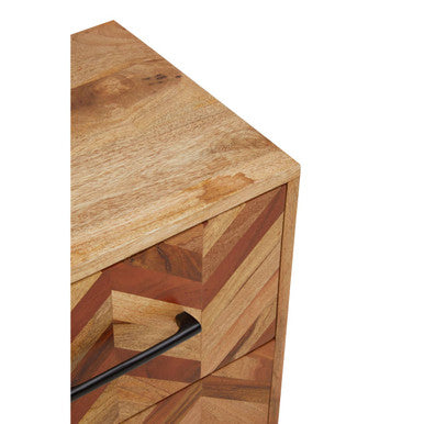 Mango Wood Two-Drawer Bedside Table with Handcrafted Chevron Front and Black Iron Legs, Boho