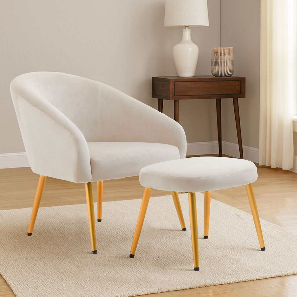 Yasmeen Dark Beige Velvet Chair and Footstool with Gold Powder Coated Legs