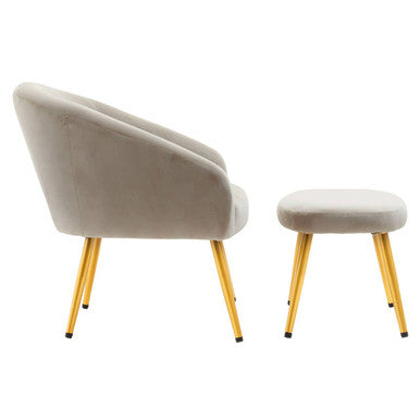 Yasmeen Mink Velvet Chair and Footstool with Gold Powder Coated Legs