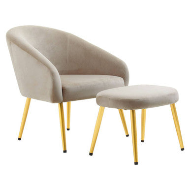Yasmeen Mink Velvet Chair and Footstool with Gold Powder Coated Legs
