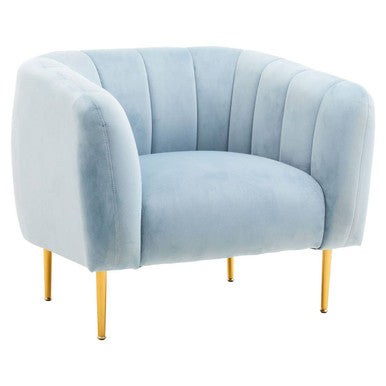 Yasmeen Blue Velvet Barrel Back Armchair with Gold Finish Legs