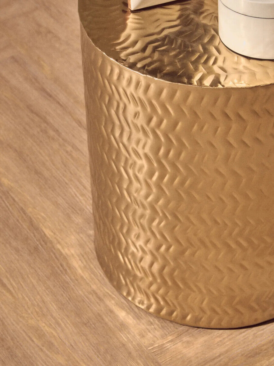 Set of 2 Gold Metallic Cylindrical Side Tables and Stools with Chevron Textured Surface | Templar