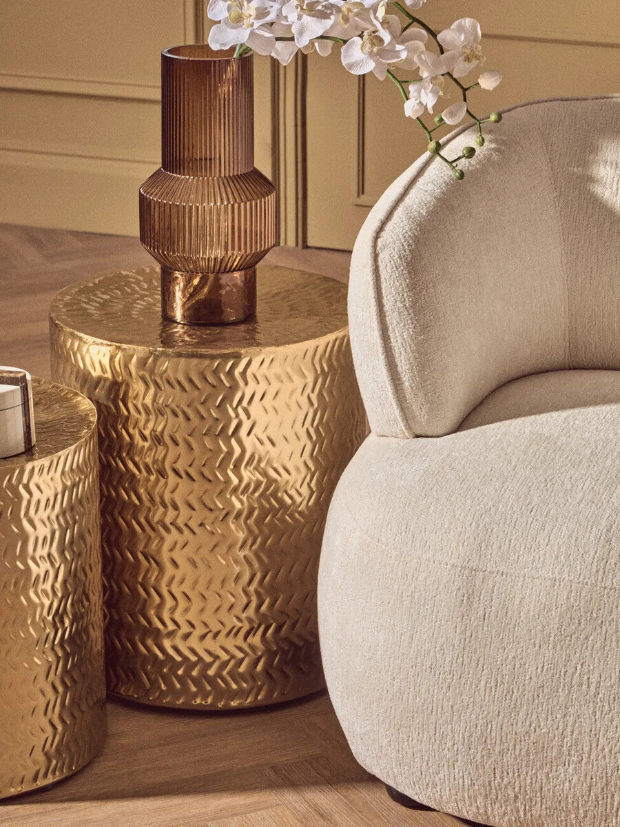 Set of 2 Gold Metallic Cylindrical Side Tables and Stools with Chevron Textured Surface | Templar